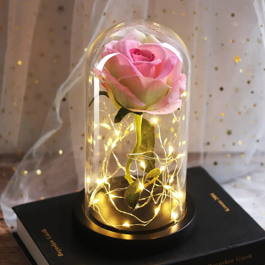 Mothers Day Wedding Favors Bridesmaid Gift Immortal Simulation Rose Glass Cover Luminous Led Ornament Aura Setup