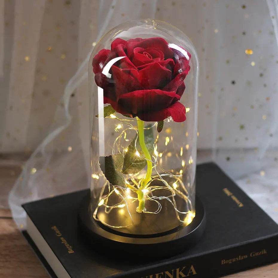 Mothers Day Wedding Favors Bridesmaid Gift Immortal Simulation Rose Glass Cover Luminous Led Ornament Aura Setup