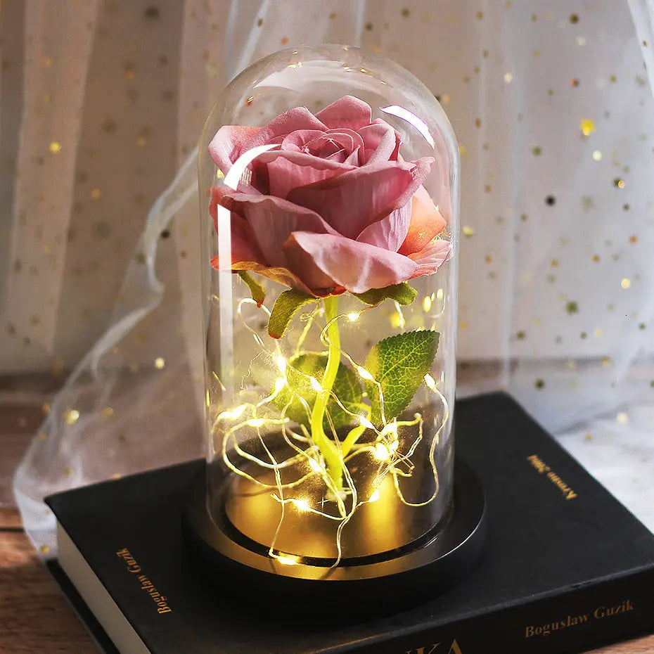Mothers Day Wedding Favors Bridesmaid Gift Immortal Simulation Rose Glass Cover Luminous Led Ornament Aura Setup
