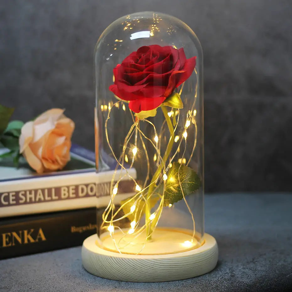 Mothers Day Wedding Favors Bridesmaid Gift Immortal Simulation Rose Glass Cover Luminous Led Ornament Aura Setup
