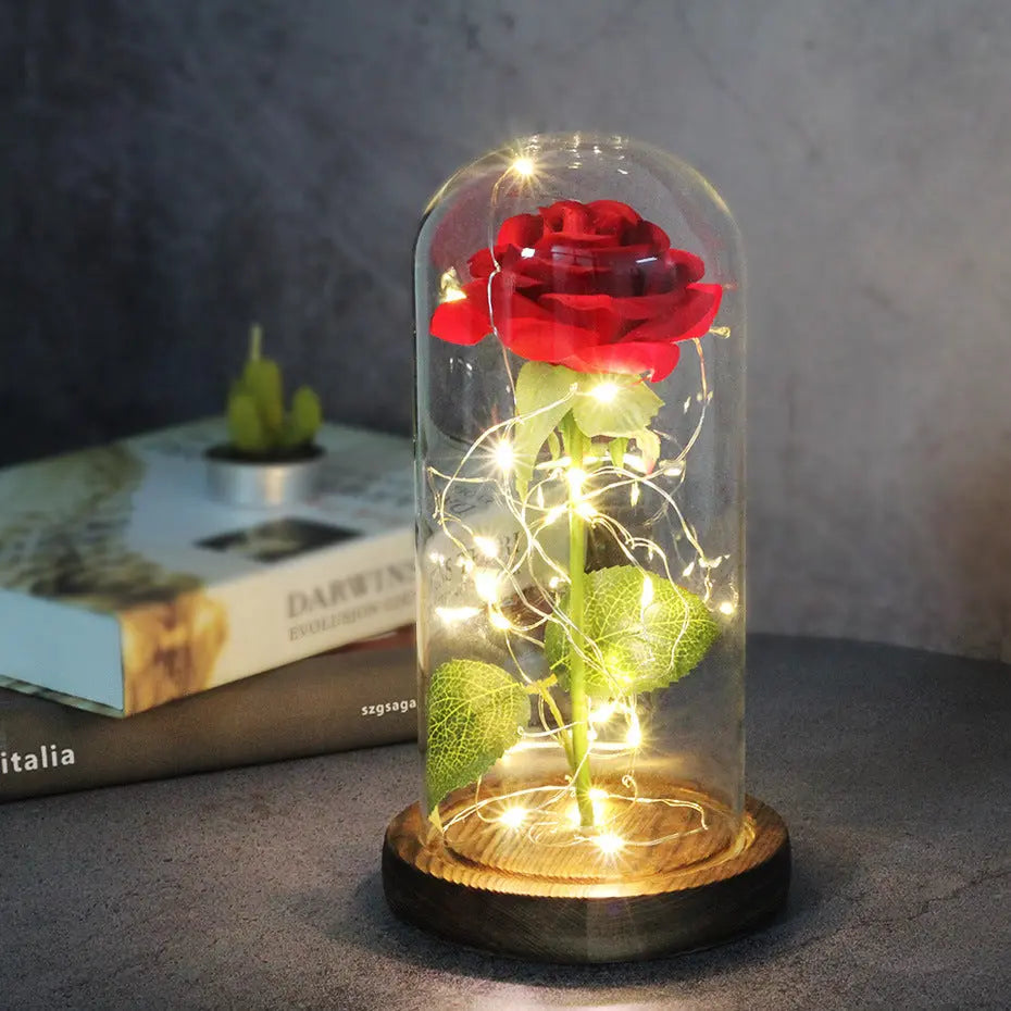 Mothers Day Wedding Favors Bridesmaid Gift Immortal Simulation Rose Glass Cover Luminous Led Ornament Aura Setup