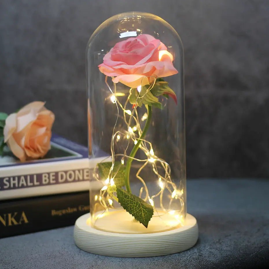 Mothers Day Wedding Favors Bridesmaid Gift Immortal Simulation Rose Glass Cover Luminous Led Ornament Aura Setup
