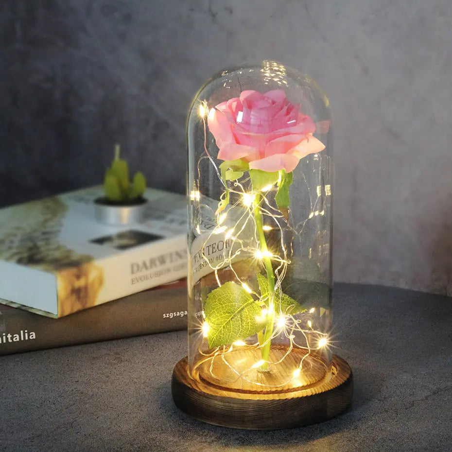 Mothers Day Wedding Favors Bridesmaid Gift Immortal Simulation Rose Glass Cover Luminous Led Ornament Aura Setup