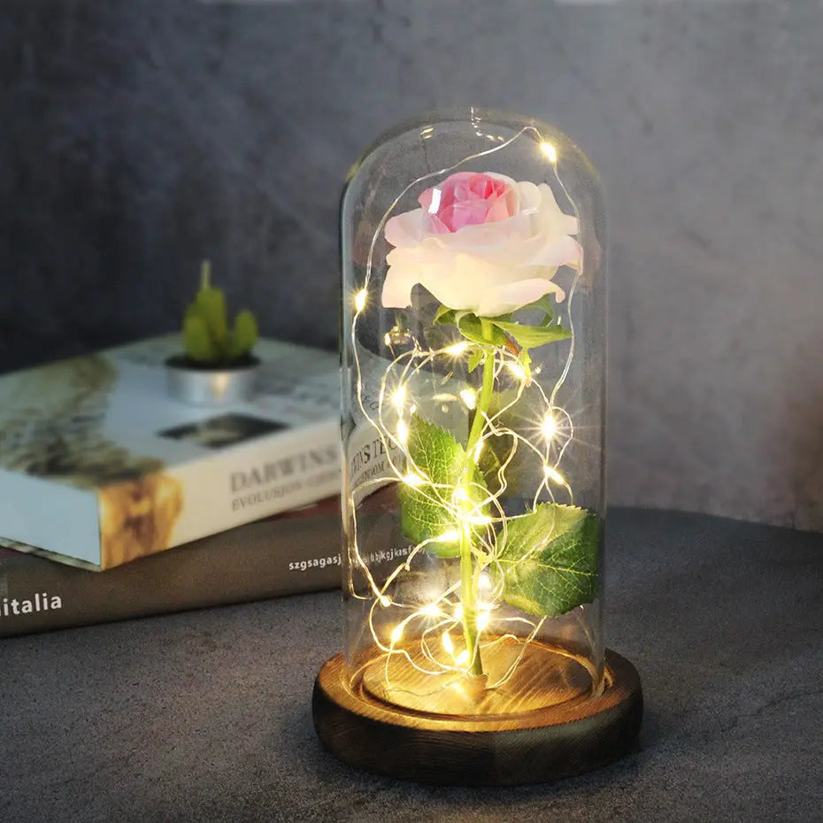 Mothers Day Wedding Favors Bridesmaid Gift Immortal Simulation Rose Glass Cover Luminous Led Ornament Aura Setup