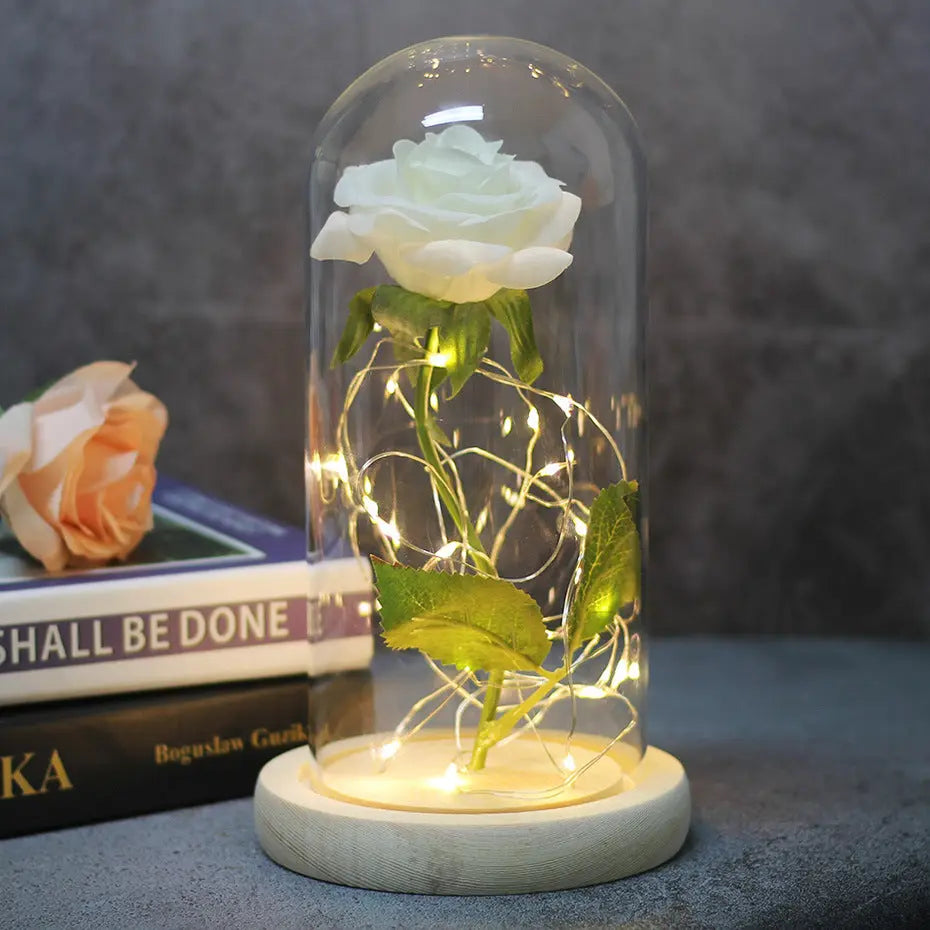 Mothers Day Wedding Favors Bridesmaid Gift Immortal Simulation Rose Glass Cover Luminous Led Ornament Aura Setup
