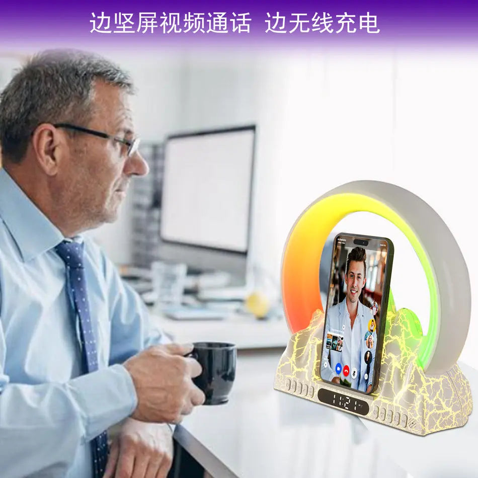 Smart Tuya APP Sunrise Flame Mountain Alarm Clock Night Lights 15W Wireless Charing BT Speaker White Noise LED Table Lamp eprolo